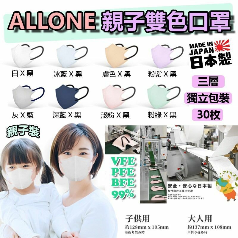 日本製ALLONE親子雙色口罩(1盒30個)