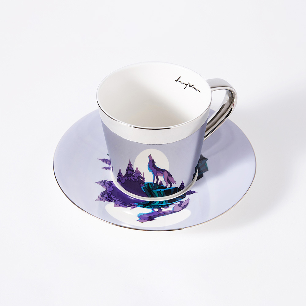 韓國 Luycho｜鏡面倒影動物圖案咖啡杯-灰狼