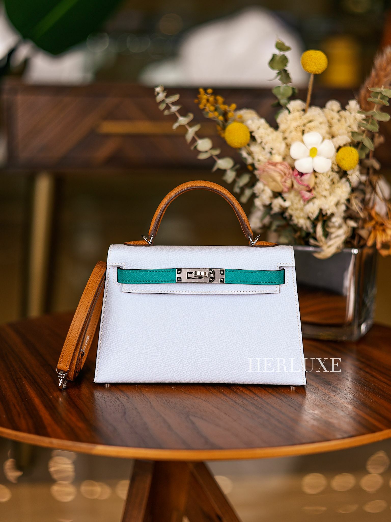 Kelly mini II 08 bleu pale/O6 vert jade/2S sesame ck epsom W