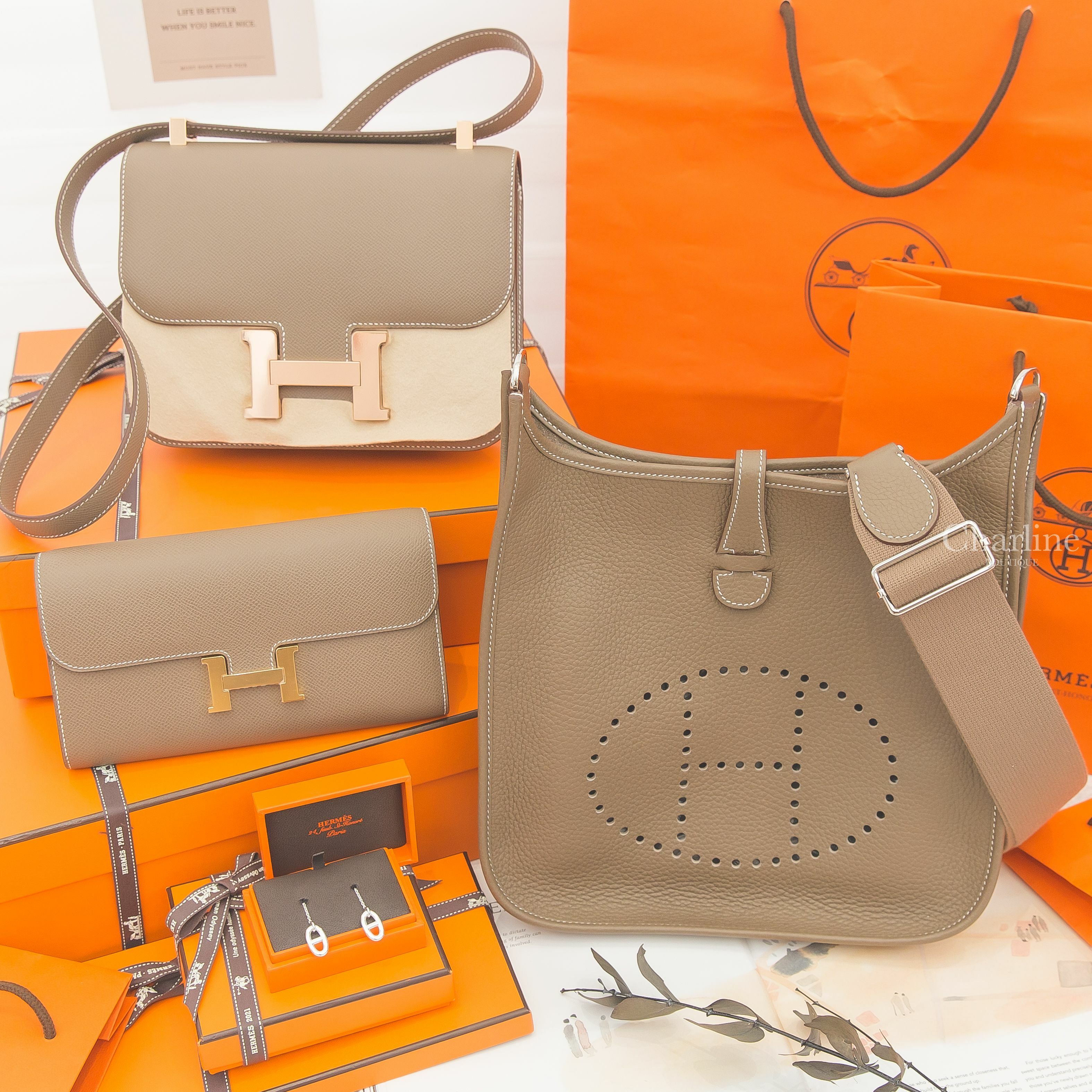 Hermès θ銀飾耳環,Hermès Constance 大象灰玫瑰金釦,Hermès Constance To Go 大象灰金釦,Hermès Evelyne 大象灰銀釦-Charline Boutique 精品代購