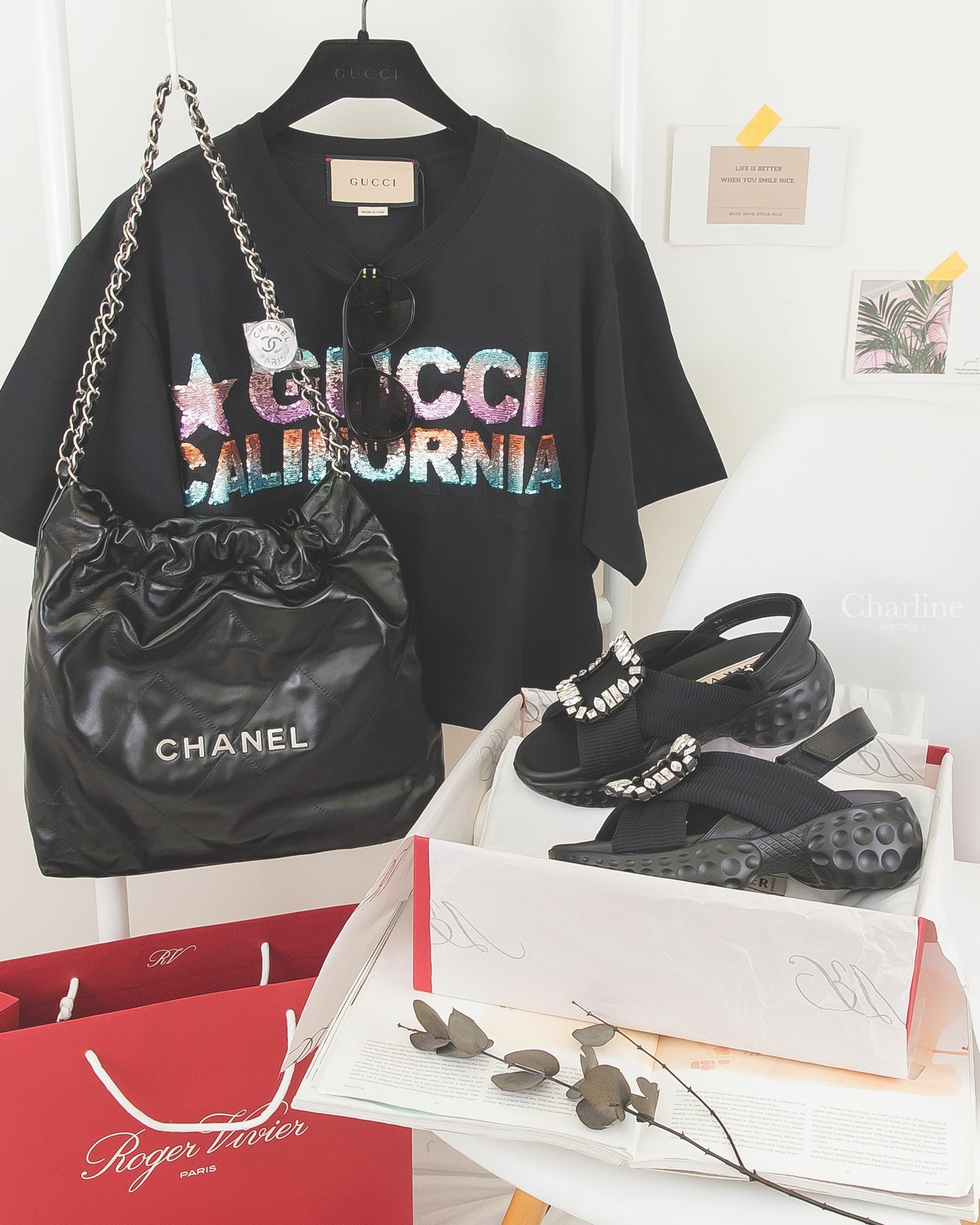 Roger Vivier 黑色水晶方釦太空棉皮革交叉厚底涼鞋,Chanel Chanel 22 Small Handbag 黑色銀字徽章鍊帶小型牛皮大菱格紋肩背包,Dior 黑色太陽眼鏡-Charline Boutique 精品代購