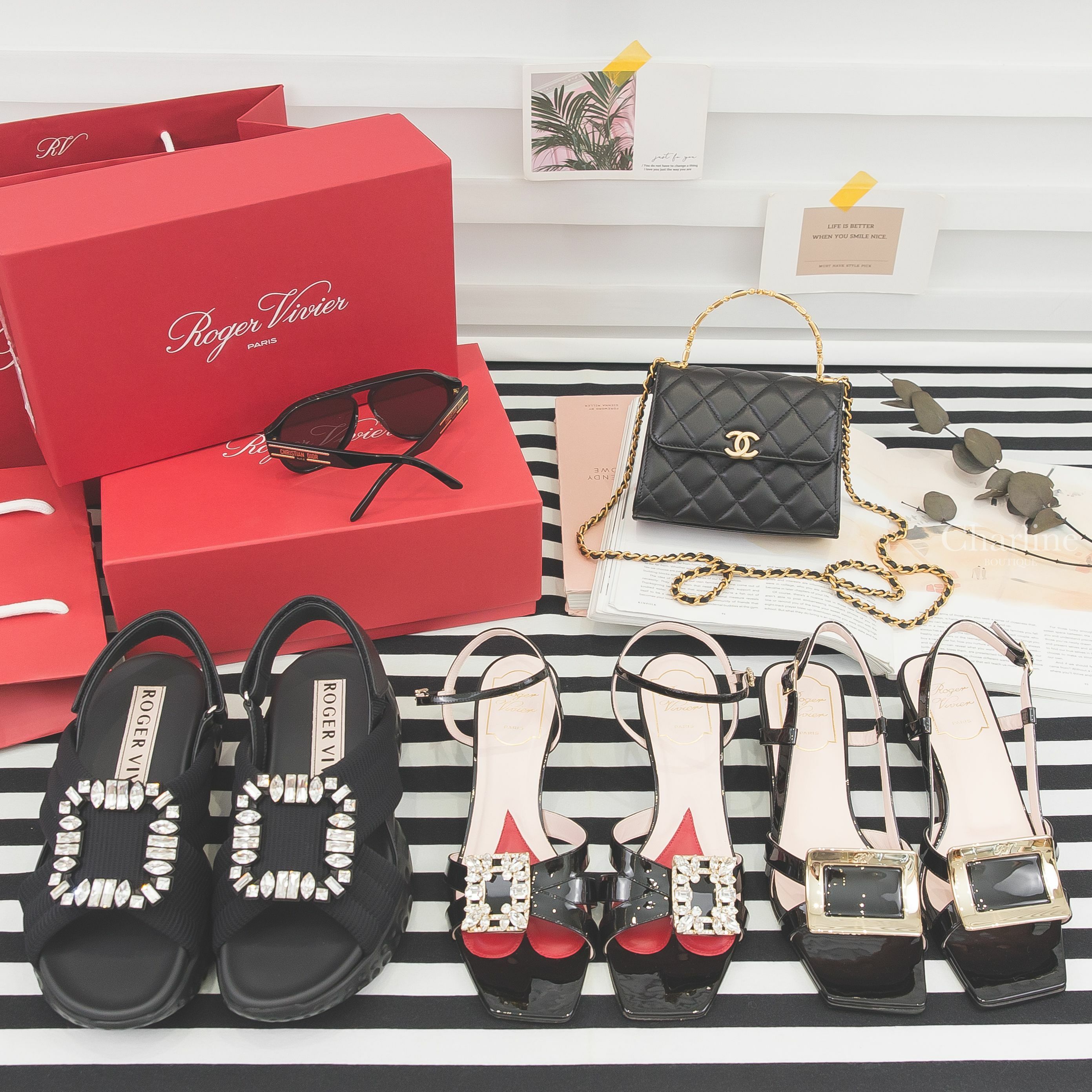 Roger Vivier 黑色漆皮金色水晶涼鞋,Roger Vivier 黑色漆皮金色方釦涼鞋,Chanel 黑色金CC菱格紋手提肩背包,Roger Vivier 黑色水晶厚底涼鞋,Dior 黑色太陽眼鏡-Charline Boutique 精品代購