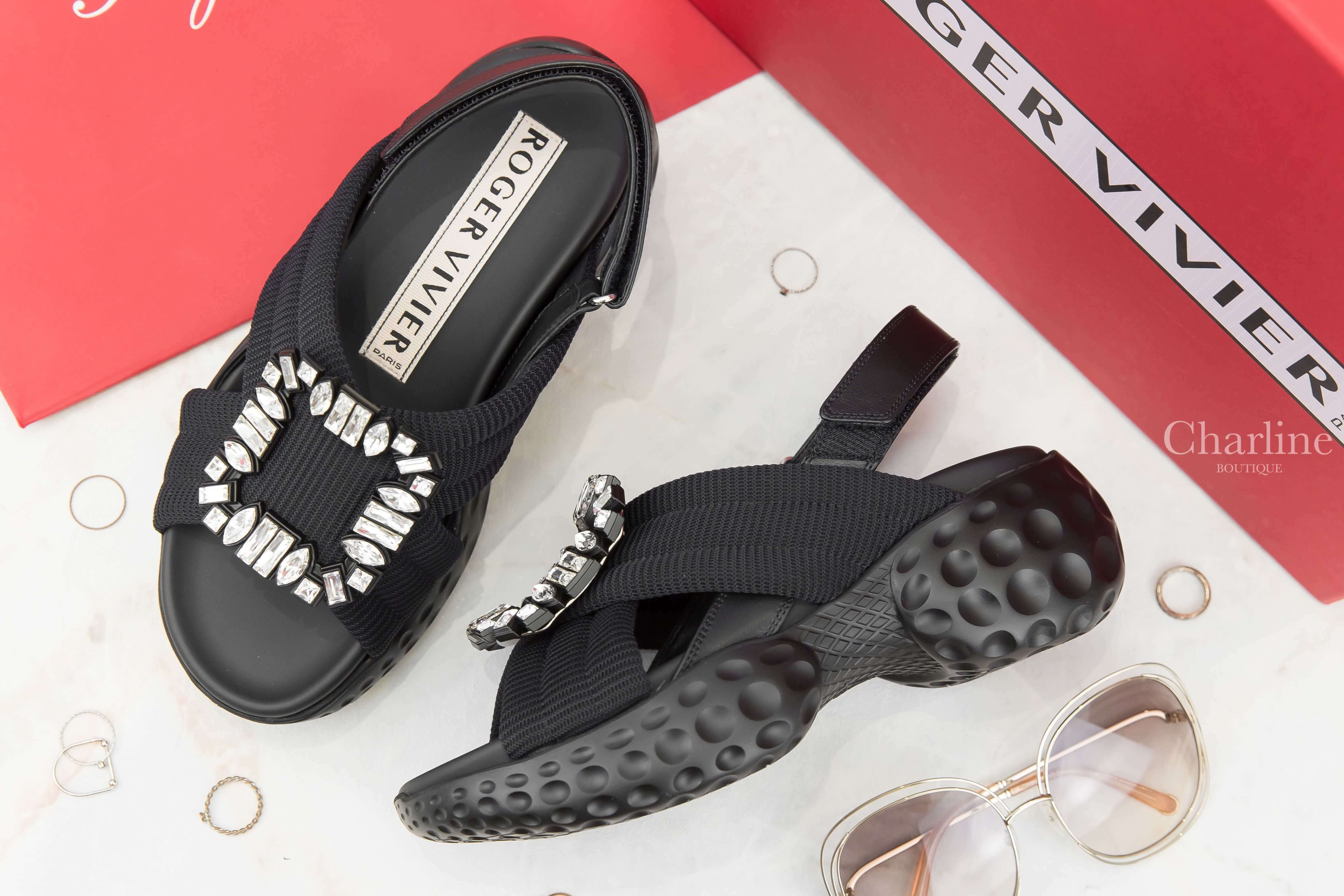 Roger Vivier Viv' Run Light Strass Buckle Sandals In Fabric 黑色水晶方釦太空棉皮革交叉厚底涼鞋-Charline Boutique 精品代購