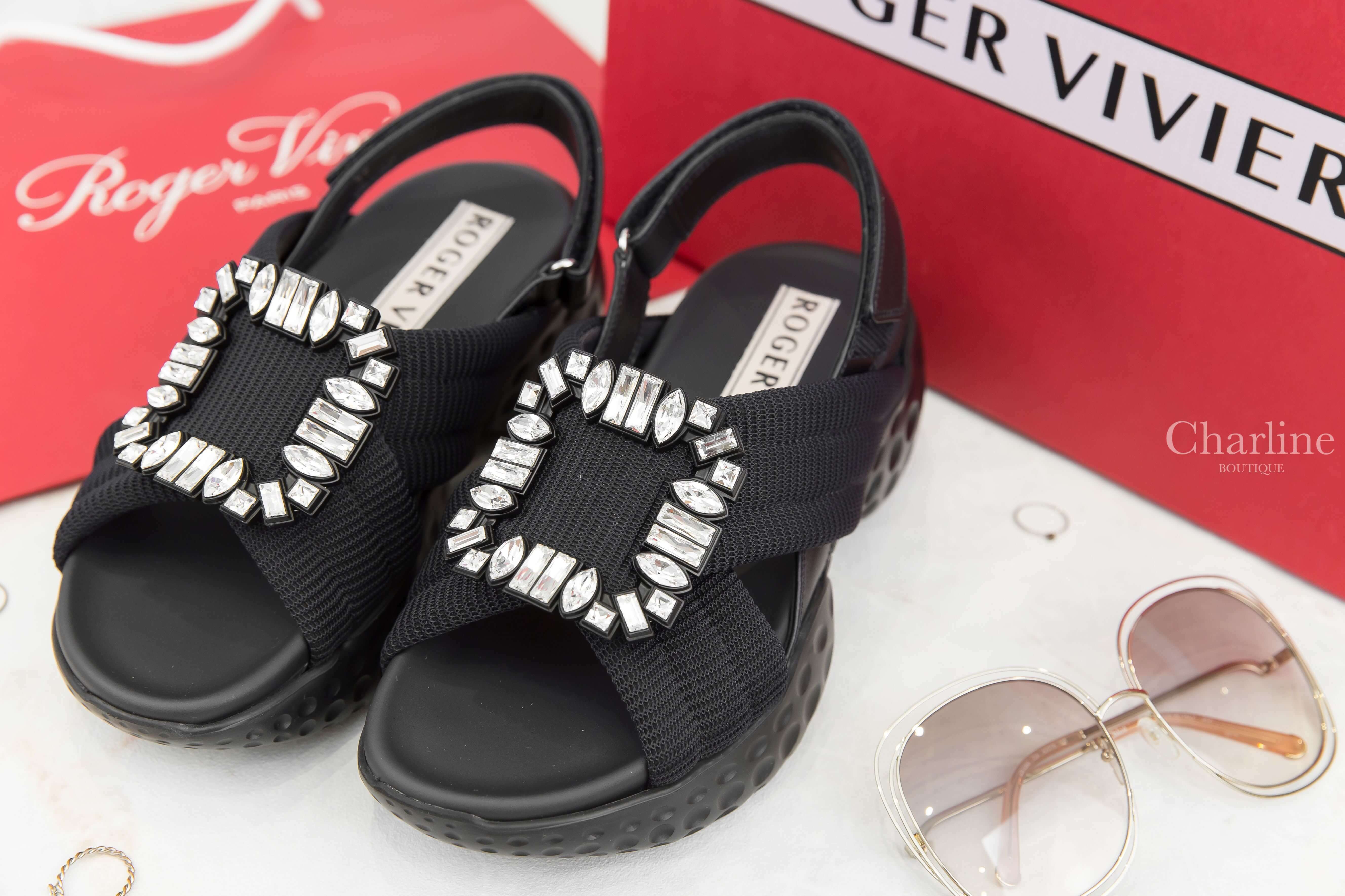 Roger Vivier Viv' Run Light Strass Buckle Sandals In Fabric 黑色水晶方釦太空棉皮革交叉厚底涼鞋-Charline Boutique 精品代購
