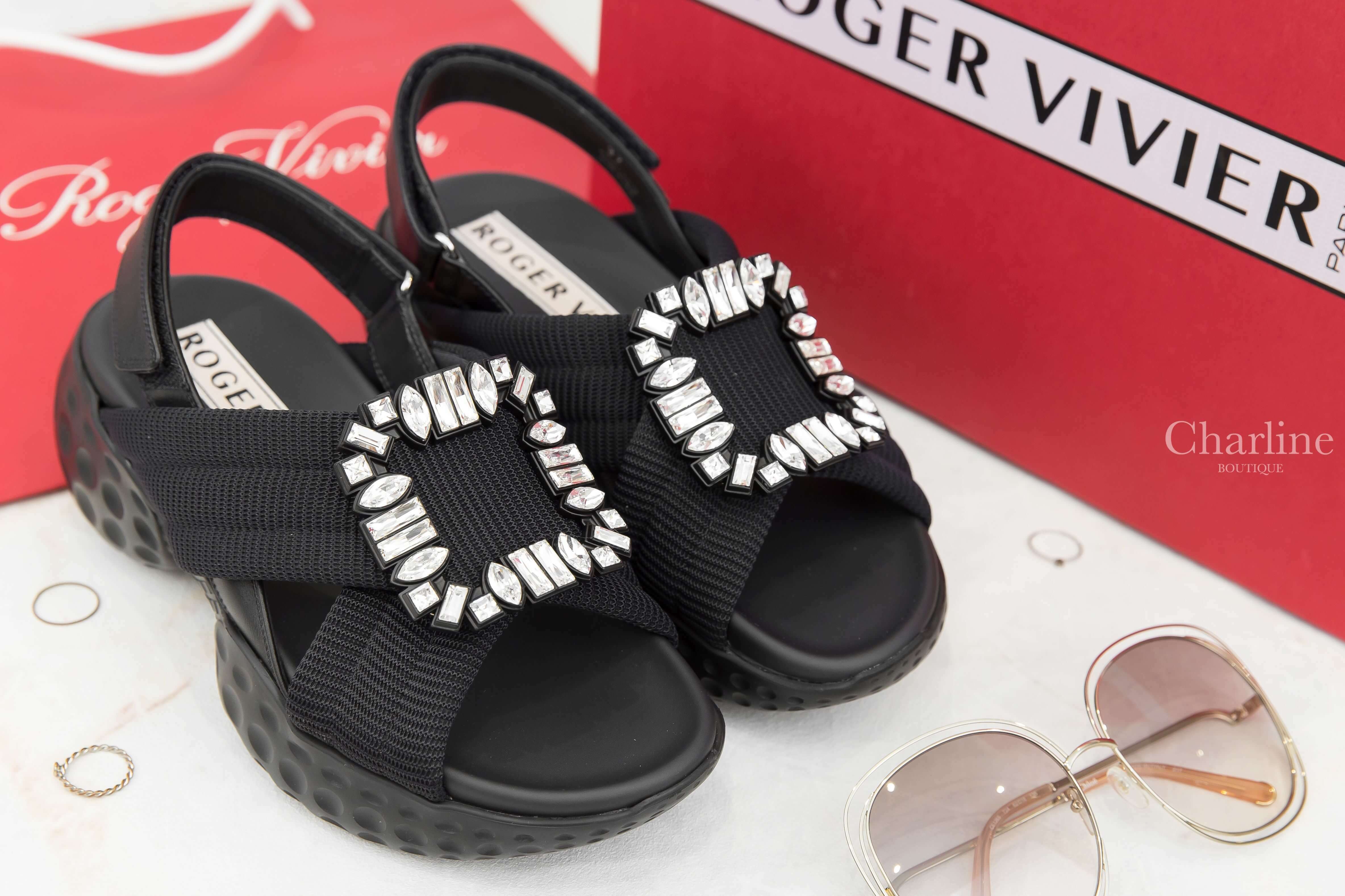 Roger Vivier Viv' Run Light Strass Buckle Sandals In Fabric 黑色水晶方釦太空棉皮革交叉厚底涼鞋-Charline Boutique 精品代購