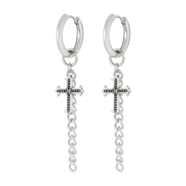 白鋼耳飾，男士耳飾 十字架鎖鏈設計；搖滾精神街頭潮流風格（2857）