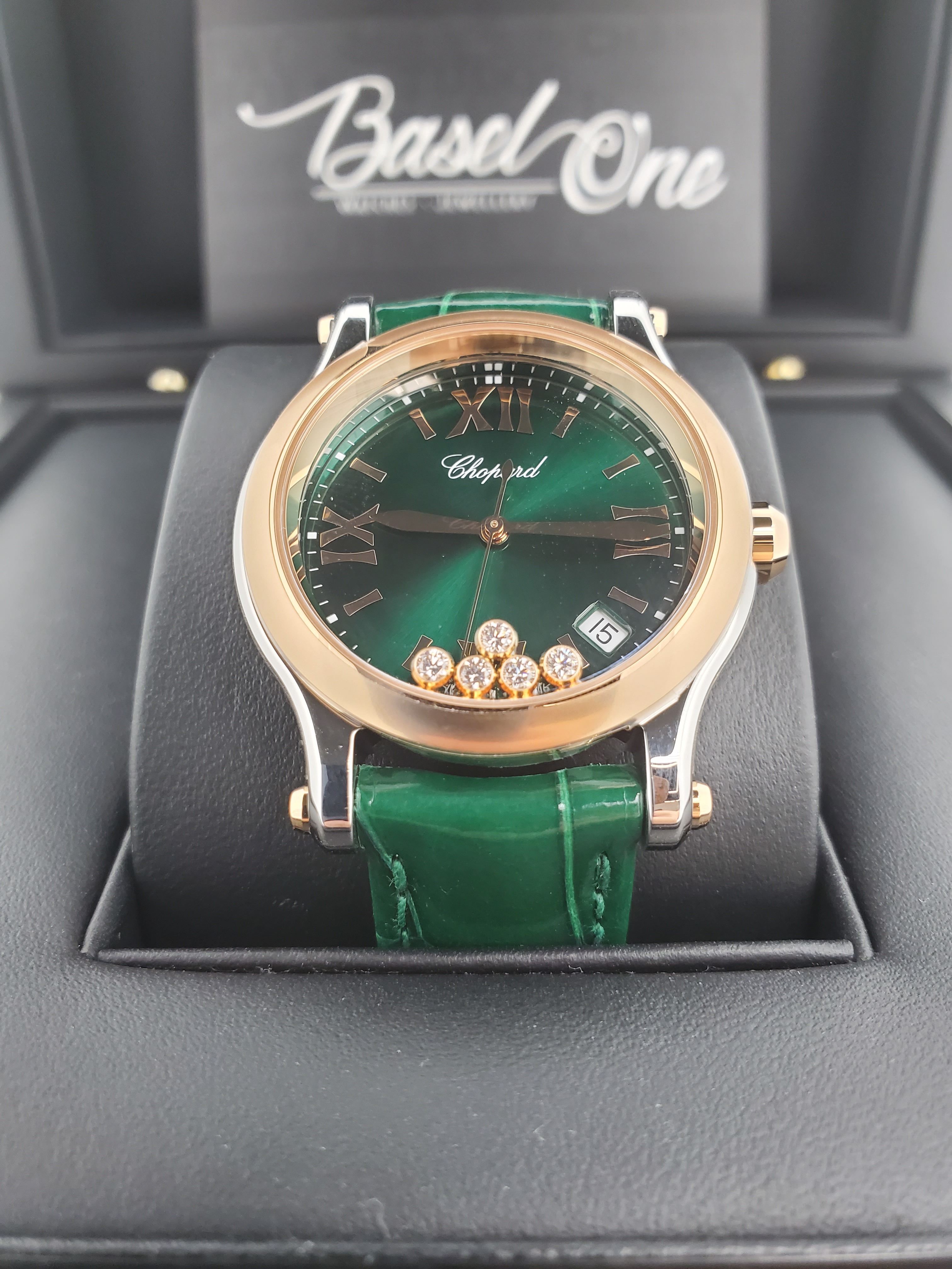 BRAND NEW CHOPARD 278582-6005 HAPPY SPORT GREEN DIAL QUARTZ ROSE GOLD 36 MM