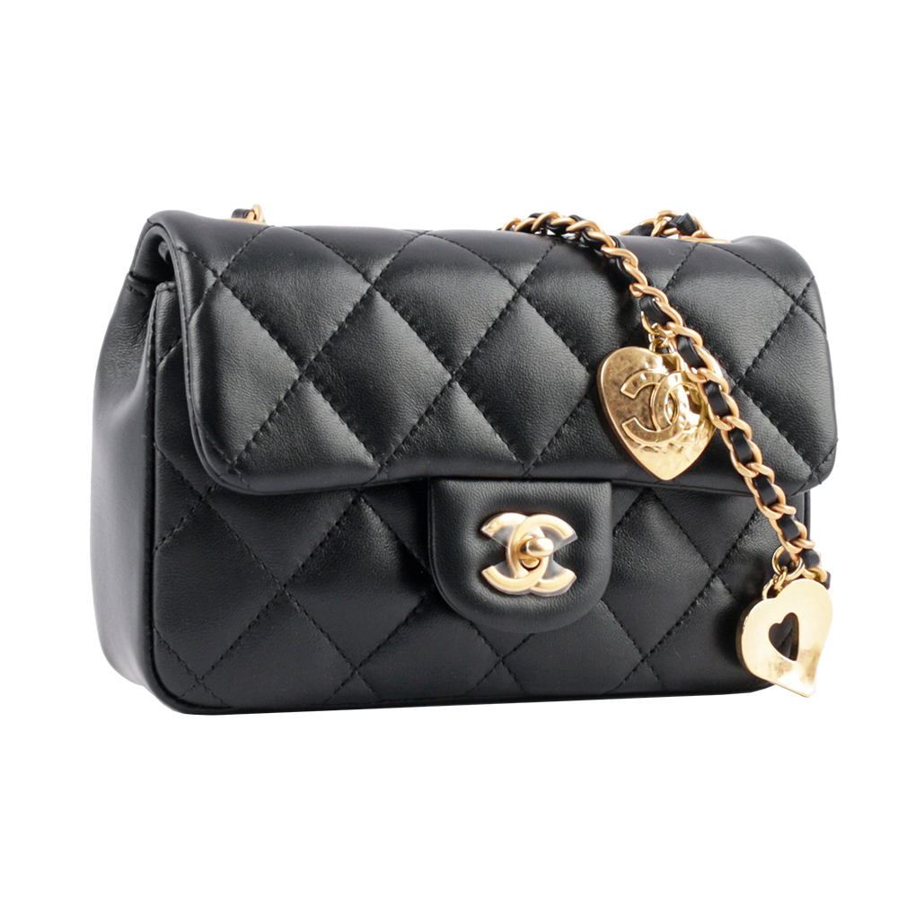 【CHANEL】菱格紋小羊皮愛心鏈帶迷你口蓋包