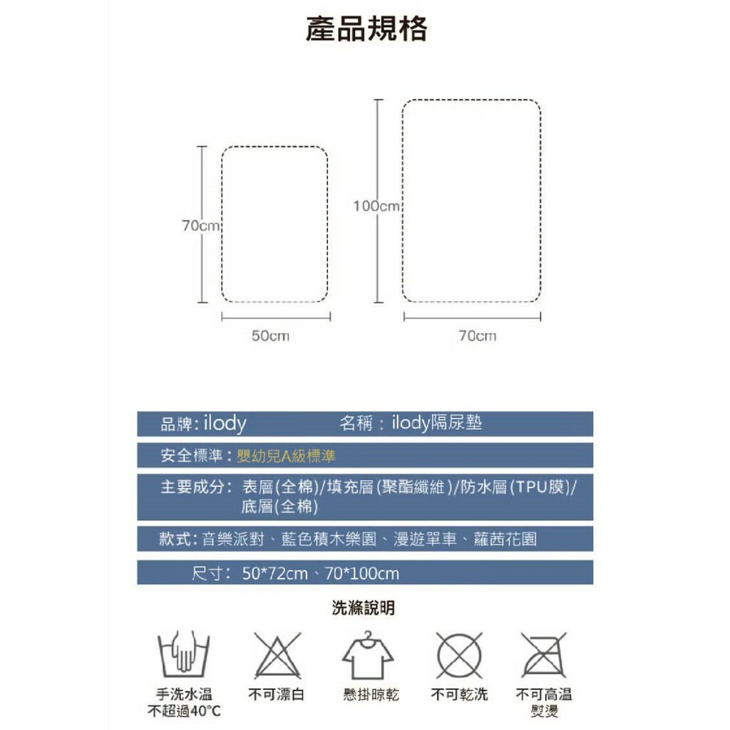 【樂森藥局】ilody隔尿墊(70*100cm) 藍色積木 漫遊單車 蘿茜花園 幼兒尿布保潔墊  防水隔尿墊