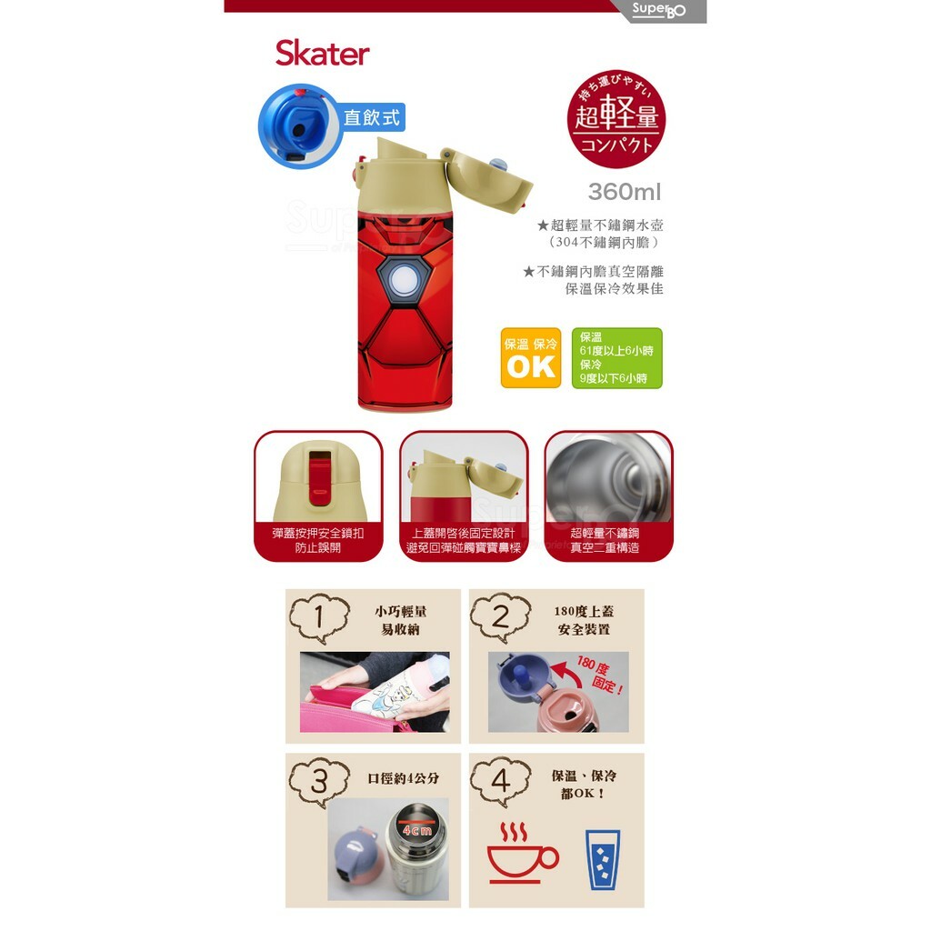 【樂森藥局】日本Skater 不鏽鋼 直飲 保溫水壺 超輕量 360ml 直飲水壺 保溫杯 兒童水壺 造型溫杯