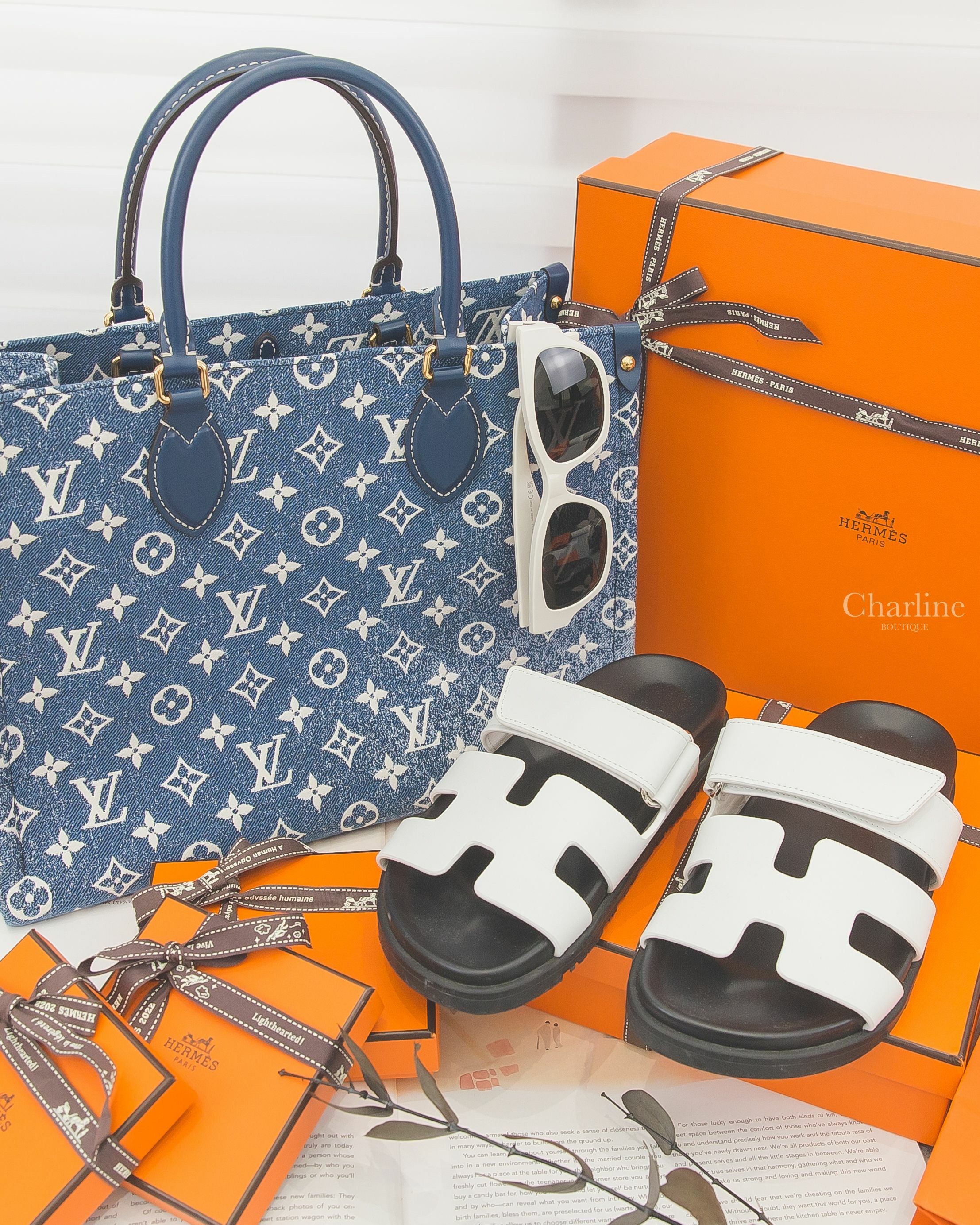 Celine 白色黑字貓眼形狀太陽眼鏡,Louis Vuitton Onthego MM Tote Bag 漸層海軍藍底丹寧布白色老花圖騰小型肩背托特包,Hermès 白色小牛皮黑底魔鬼氈橡膠平底拖鞋-Charline Boutique 精品代購