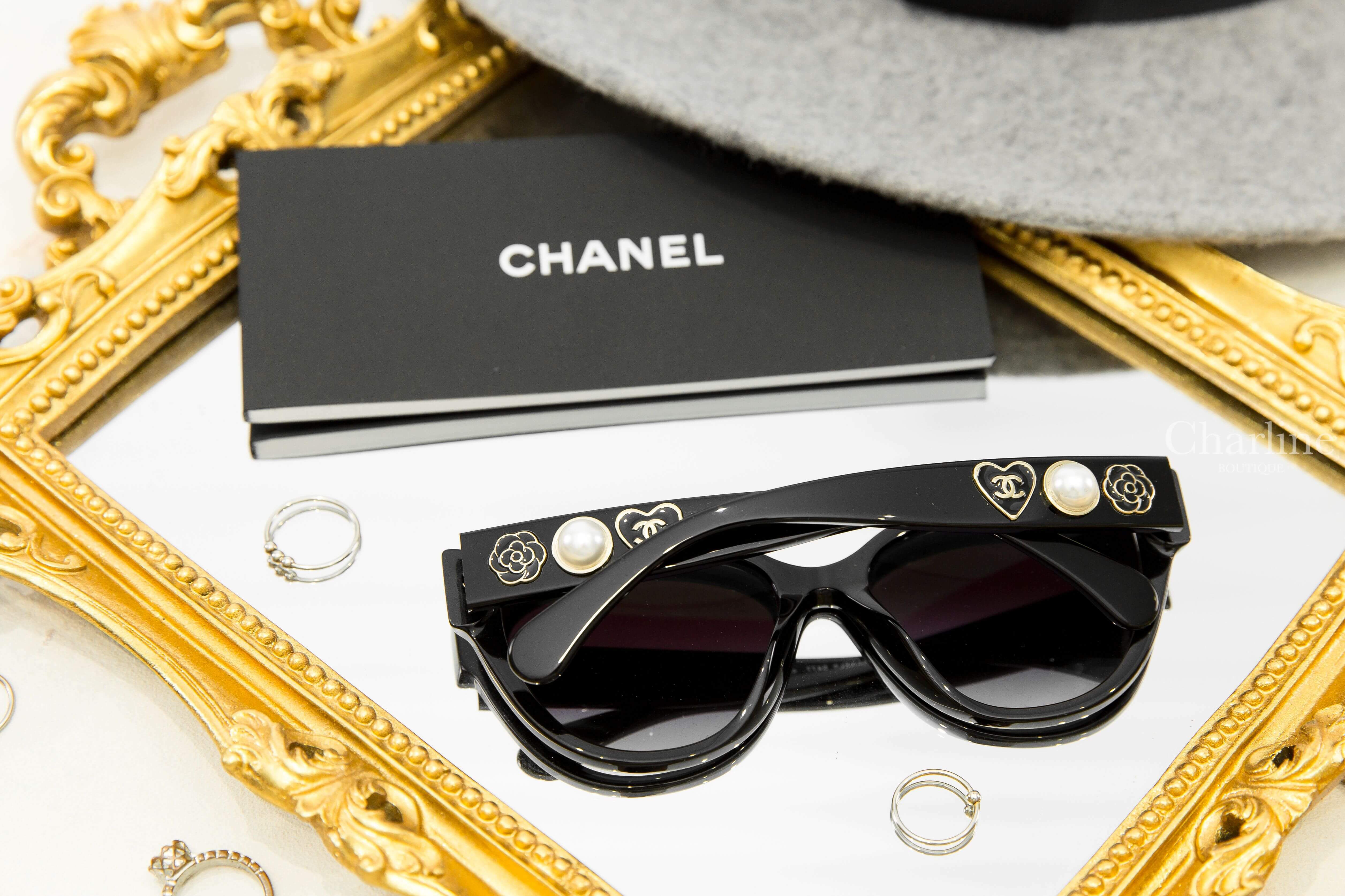 Chanel Butterfly Sunglasses 黑色蝴蝶型灰色漸層鏡片側邊山茶花白色珍珠愛心CC太陽眼鏡