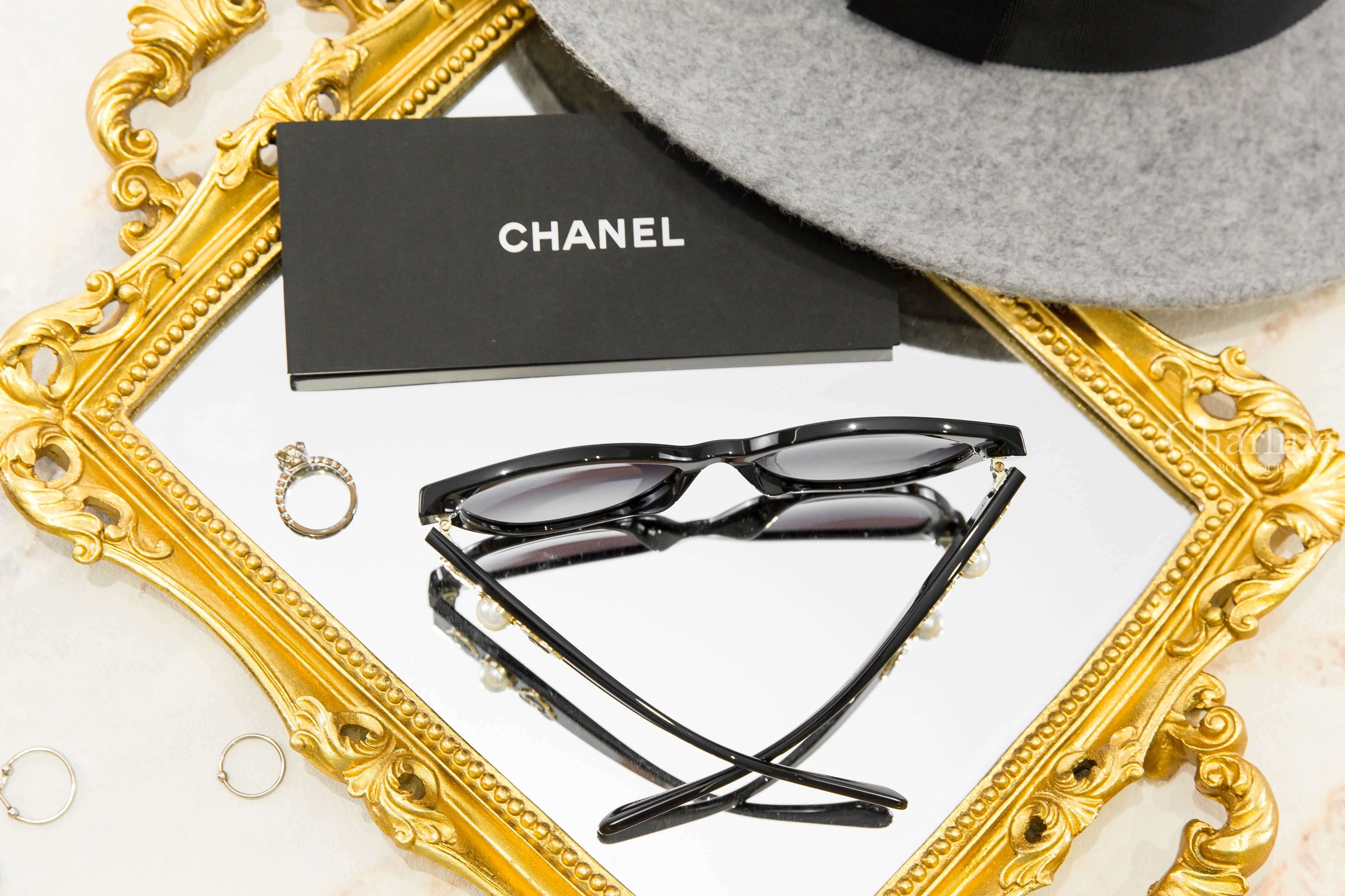 Chanel Butterfly Sunglasses 黑色蝴蝶型灰紫色漸層鏡片側邊山茶花白色珍珠愛心CC太陽眼鏡-Charline Boutique 精品代購