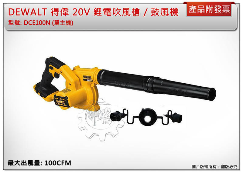 ＊中崙五金【附發票】DEWALT 得偉 20V 鋰電吹風槍 / 鼓風機 DCE100N (單主機)