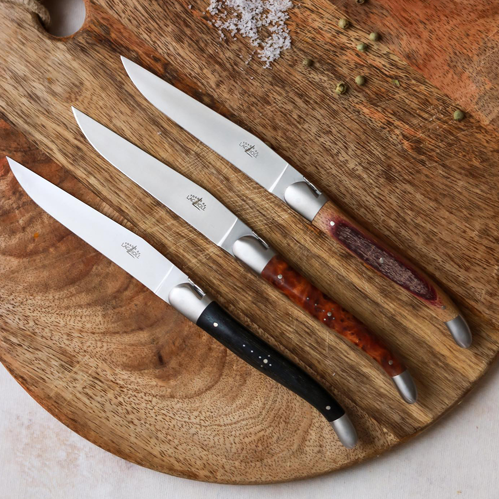 Forge de Laguiole 6 Piece Steak Knife Set Oak Barrel Handle Satin Finish