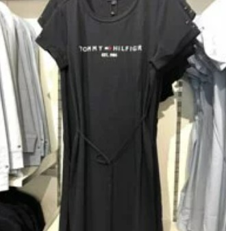 [S] TOMMY HILFIGER WOMEN'S ROUND NECK EMBROIDERED LOGO BELTED COTTON SHORT SLEEVE SLIT,NAVY, 76J2991-410 (STH32)