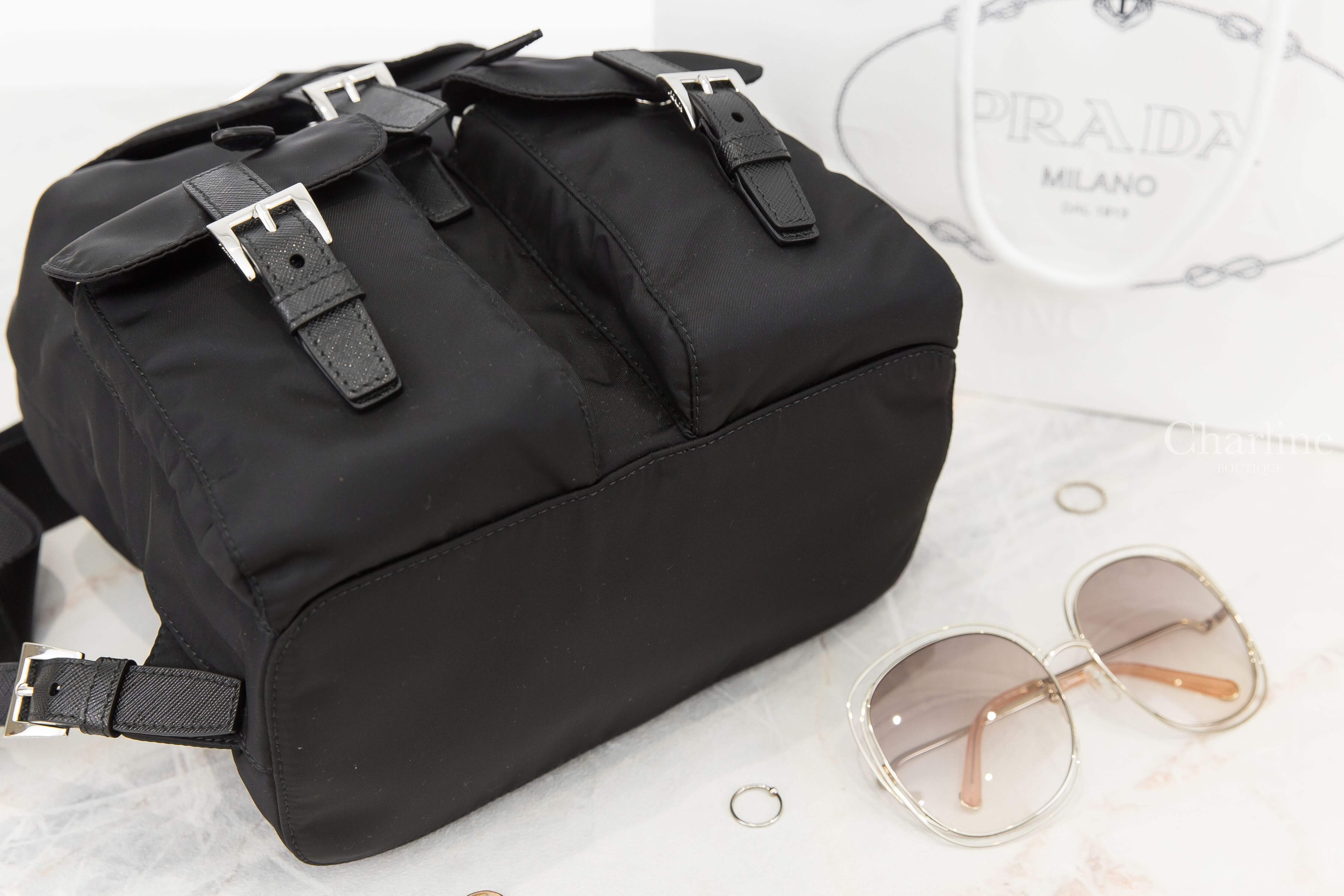 Prada Small Re-nylon Backpack 黑色小型三角銀字布面尼龍後背包-Charline Boutique 精品代購