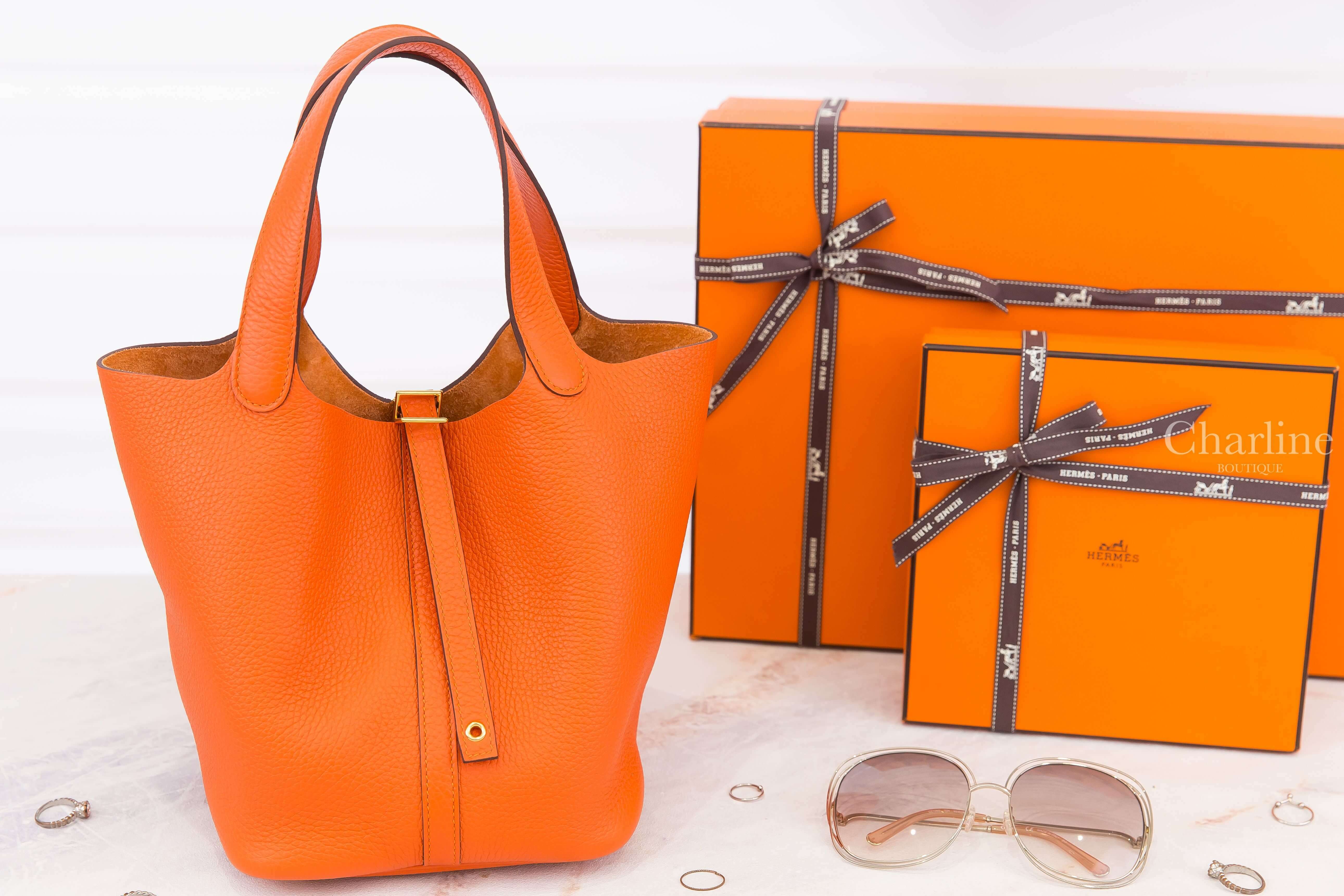 Hermès Picotin Lock 22cm 9J Feu Taurillon Clemence 火焰橘金釦中型提把水桶包
