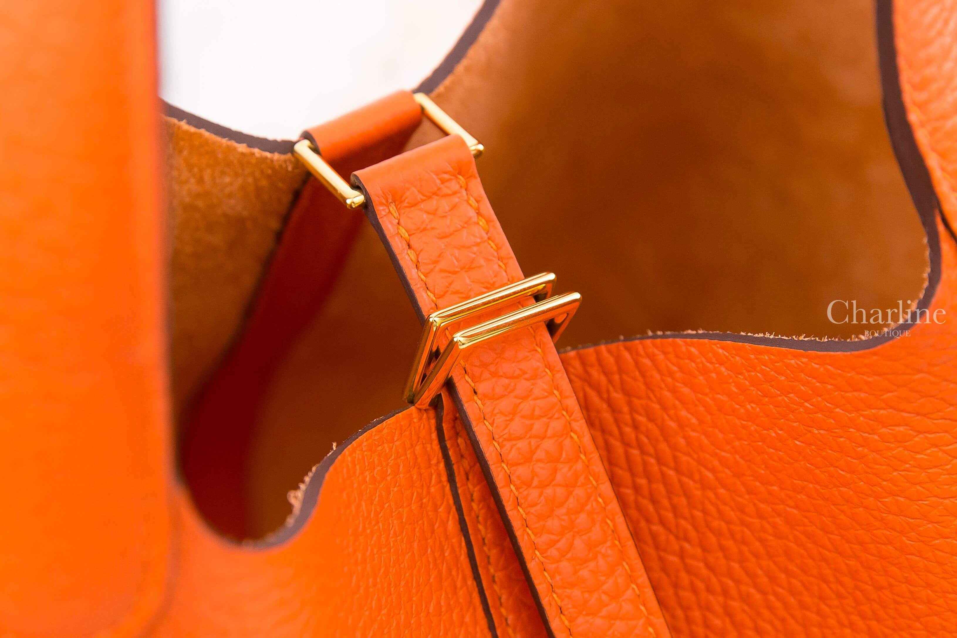 Hermès Picotin Lock 22cm 9J Feu Taurillon Clemence 火焰橘金釦中型提把水桶包