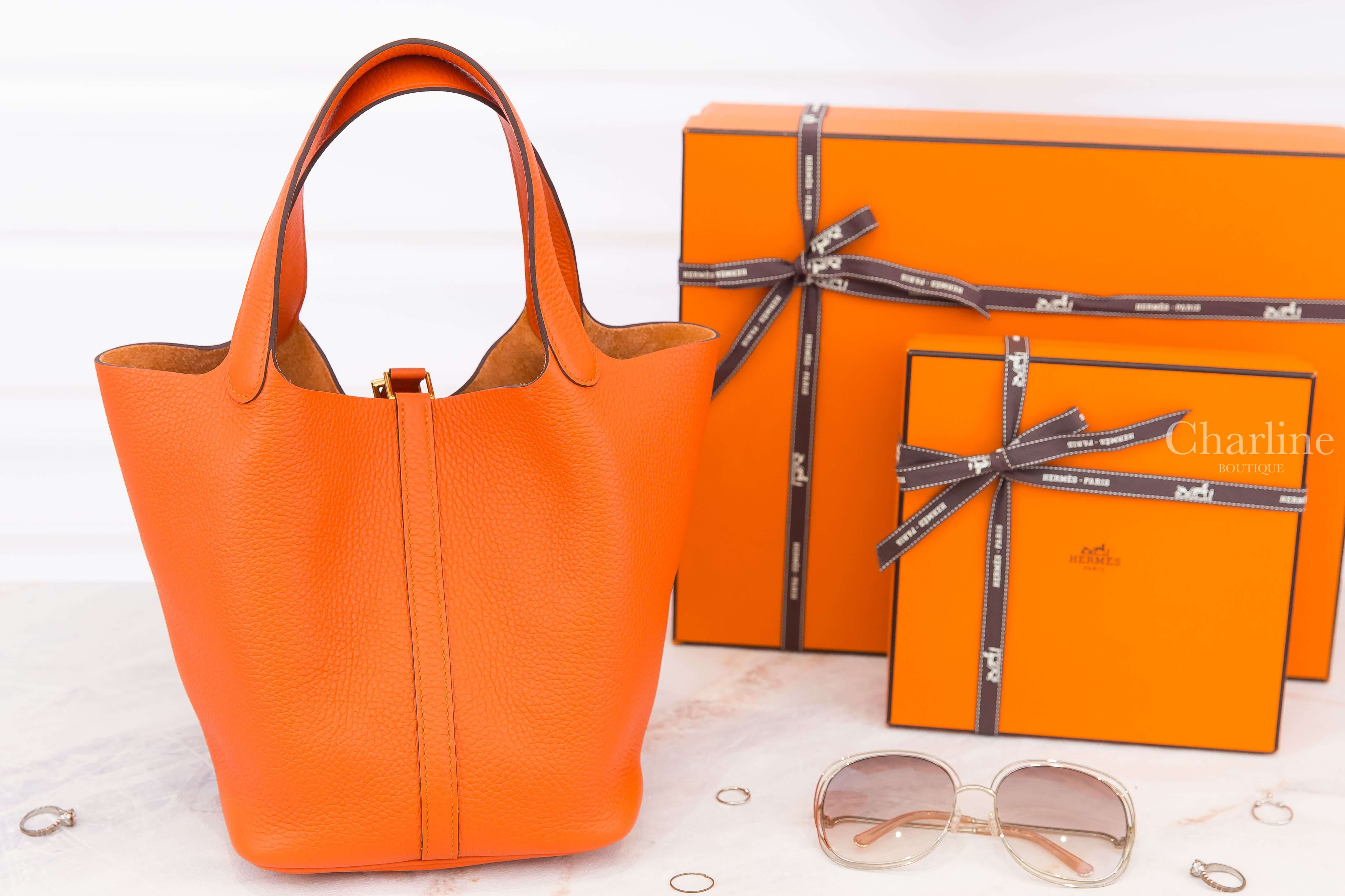 Hermès Picotin Lock 22cm 9J Feu Taurillon Clemence Z刻火焰橘金釦中型提把水桶包-Charline Boutique 精品代購