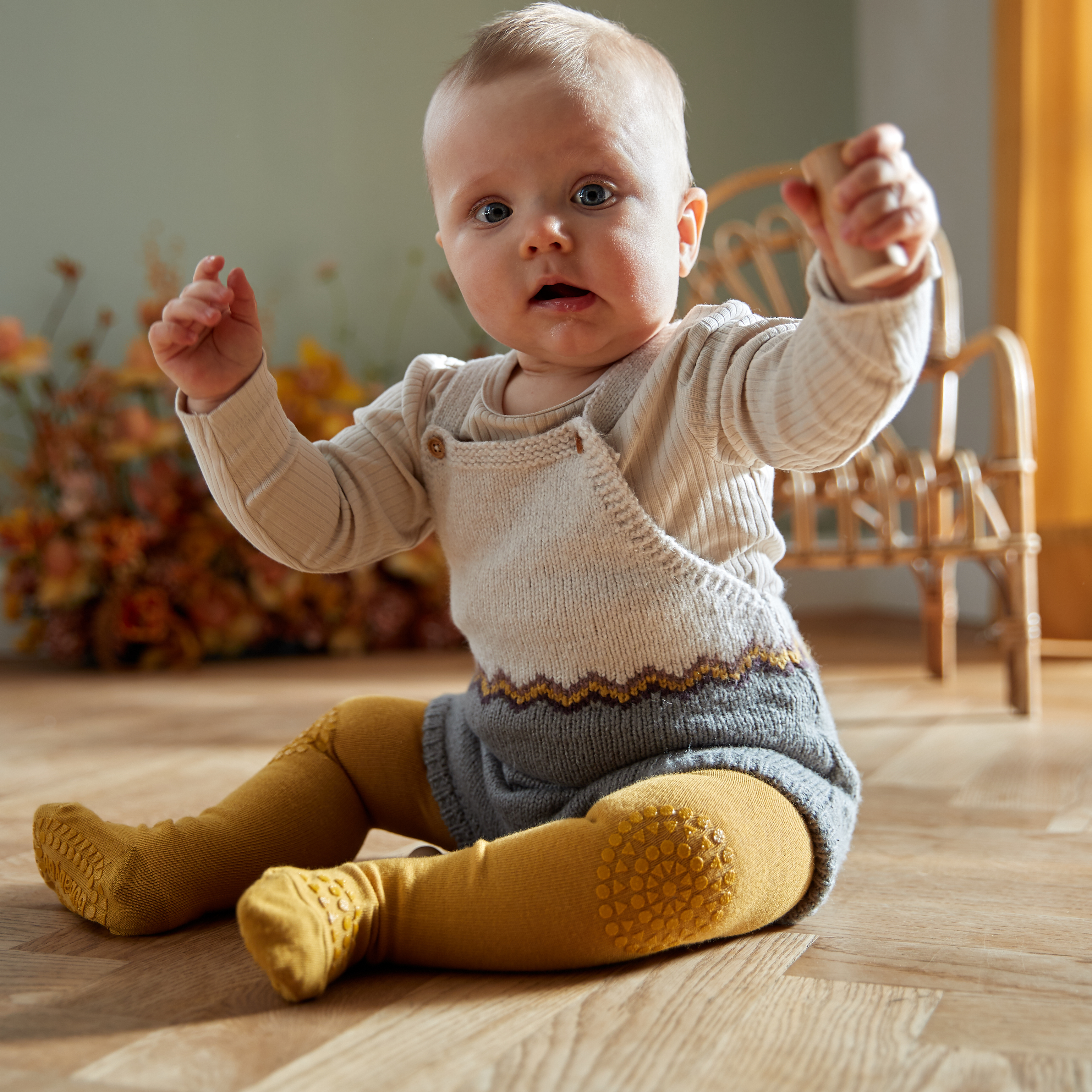 丹麥GoBabyGo 彈力棉爬行褲襪 - Mustard