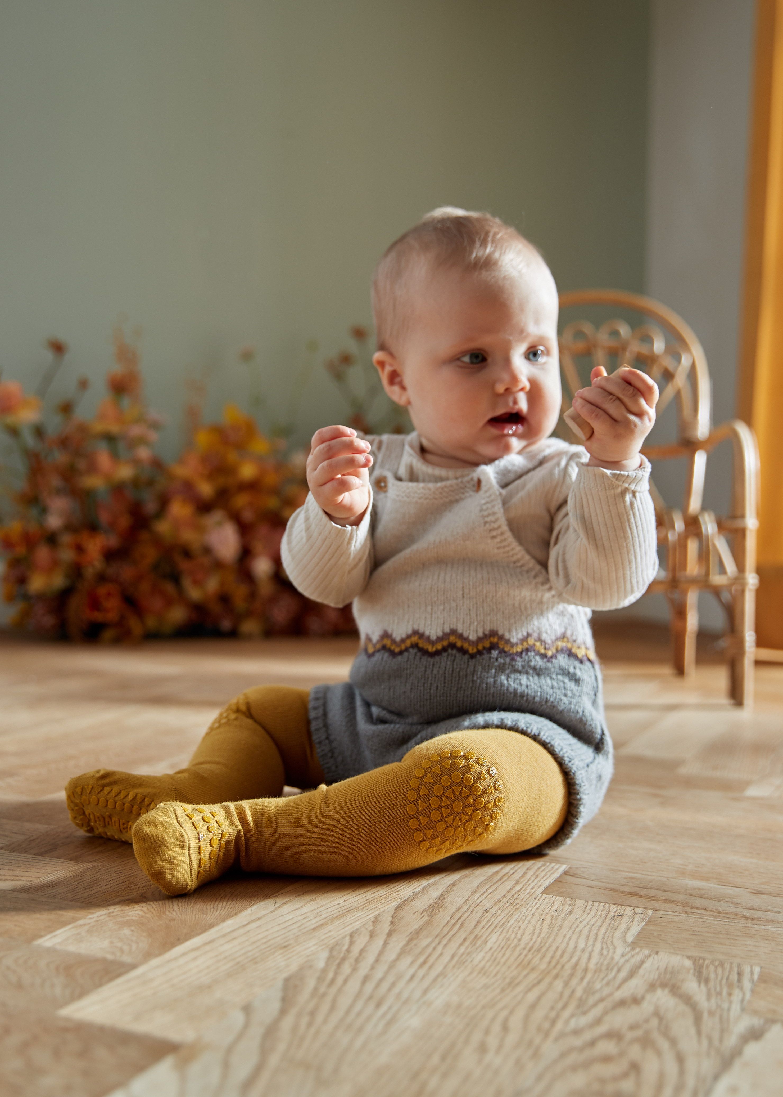 丹麥GoBabyGo 彈力棉爬行褲襪 - Mustard