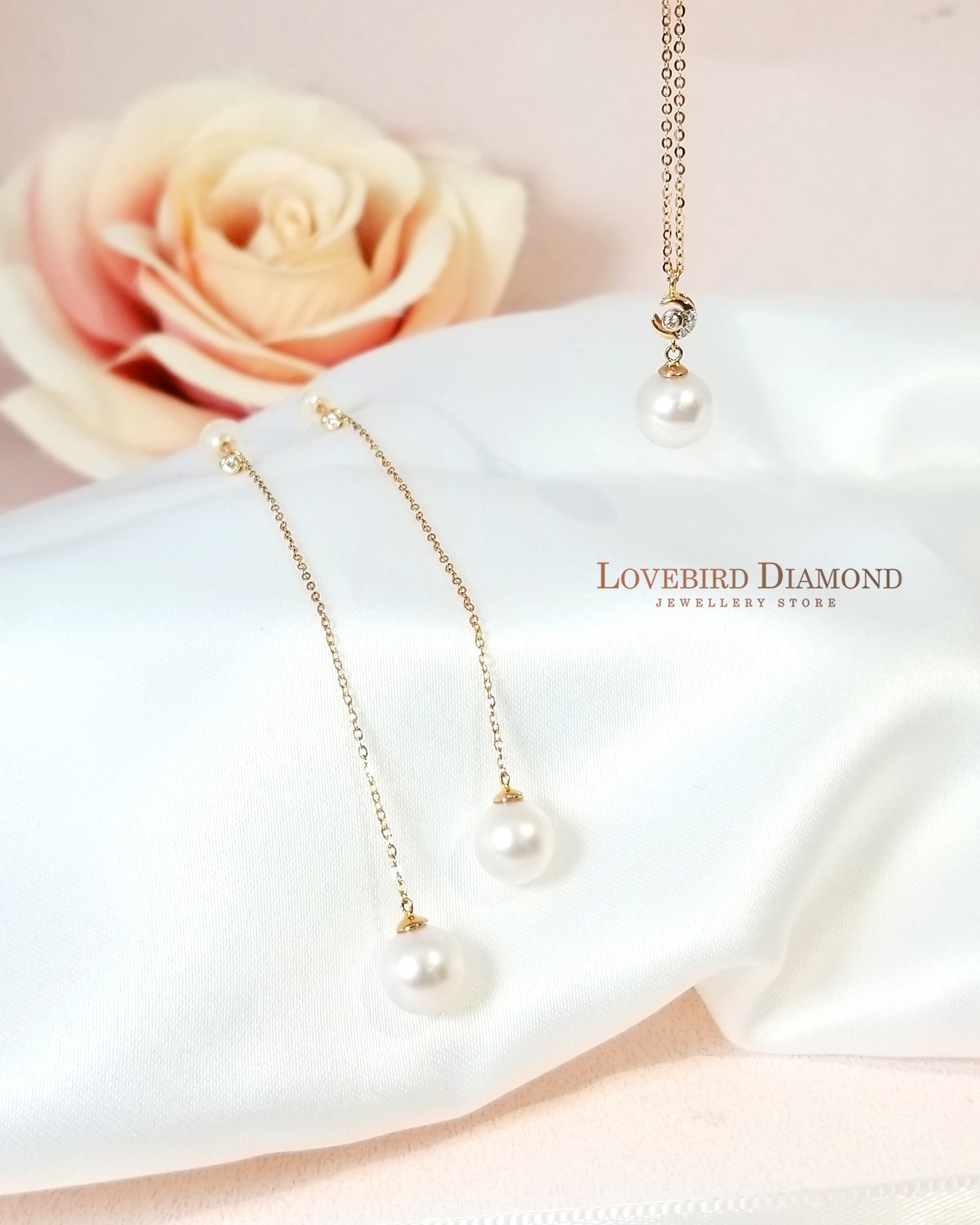 18K玫瑰金天然鑽石C字扣珍珠吊墜連鏈