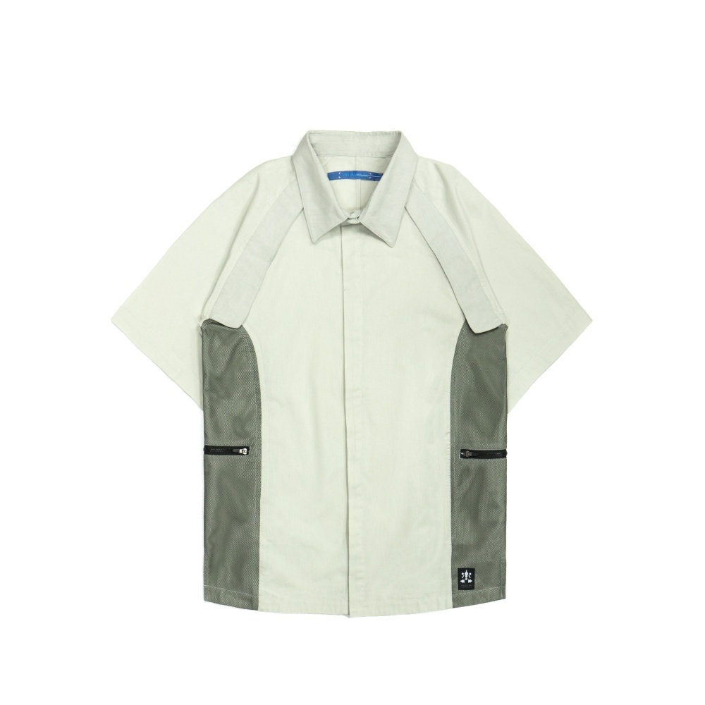 側拉鍊口袋短袖襯衫-灰