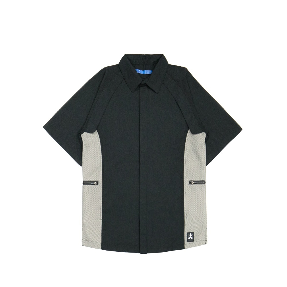 側拉鍊口袋短袖襯衫-黑