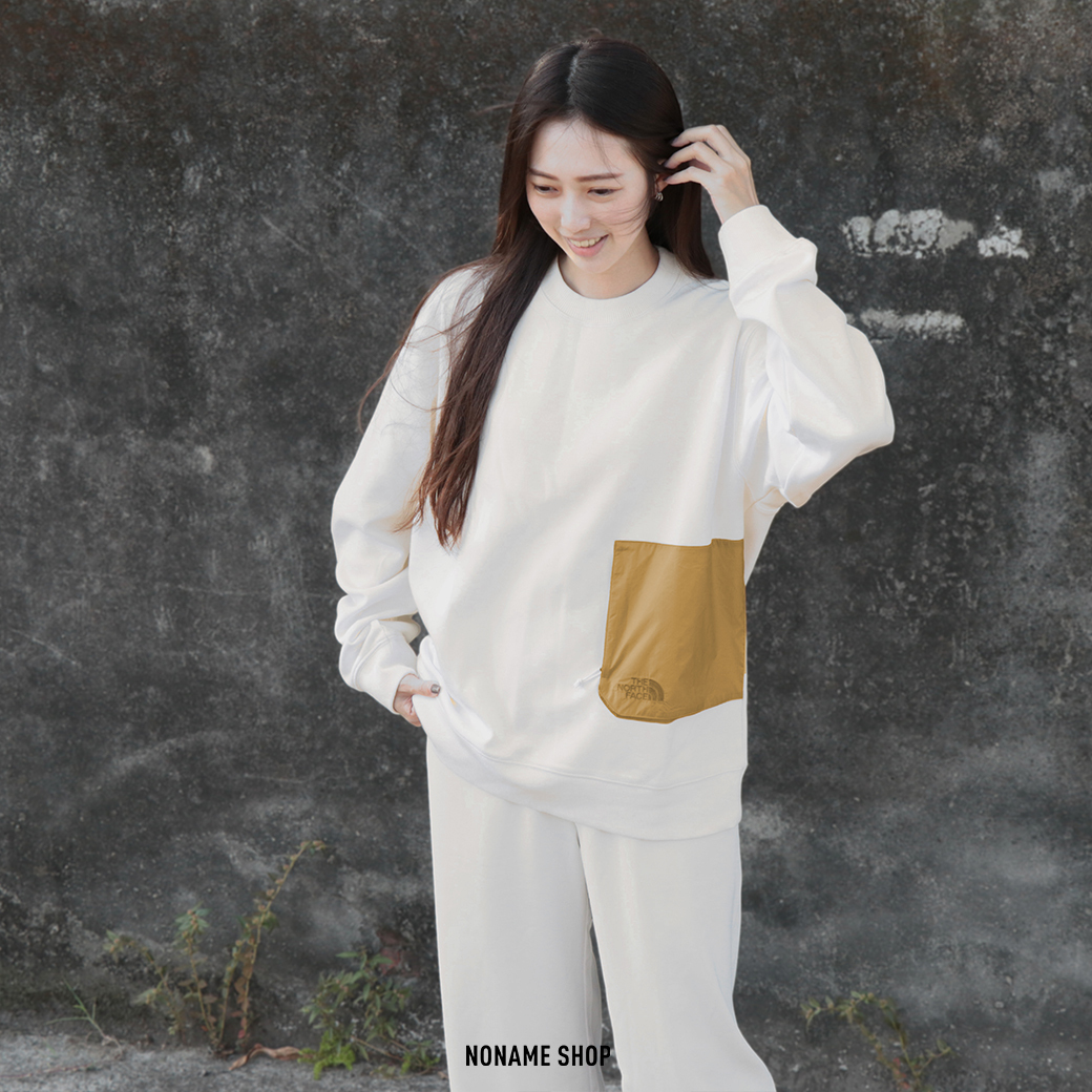 THE NORTH FACE TNF 北臉 異材質 拼接 口袋 大學T 米白黃