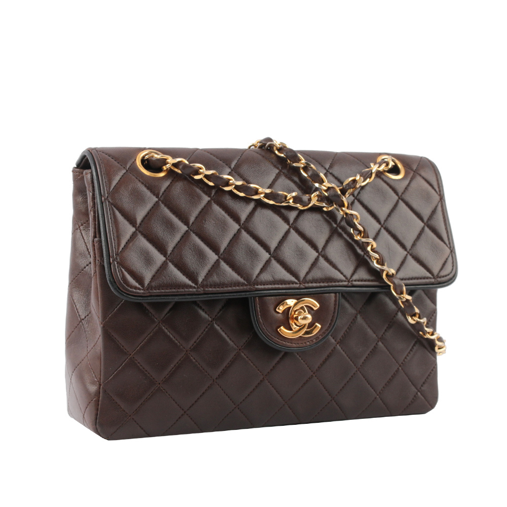 【CHANEL】金釦菱格紋小羊皮老香口蓋包(巧克力色)