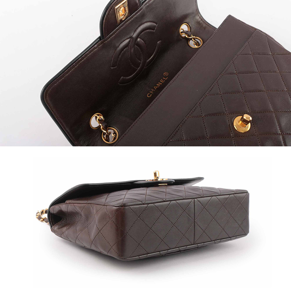 【CHANEL】金釦菱格紋小羊皮老香口蓋包(巧克力色)