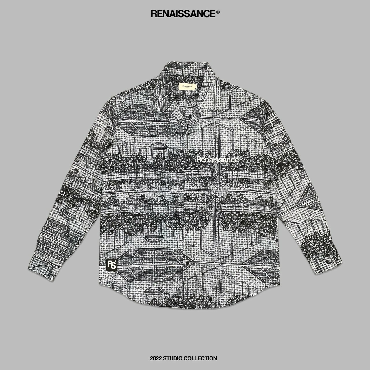 RENAISSANCE 小香風 編織印刷 最後的晚餐 寬鬆 古巴領長袖襯衫 “ Black & White Canvas L/S Shirt ”