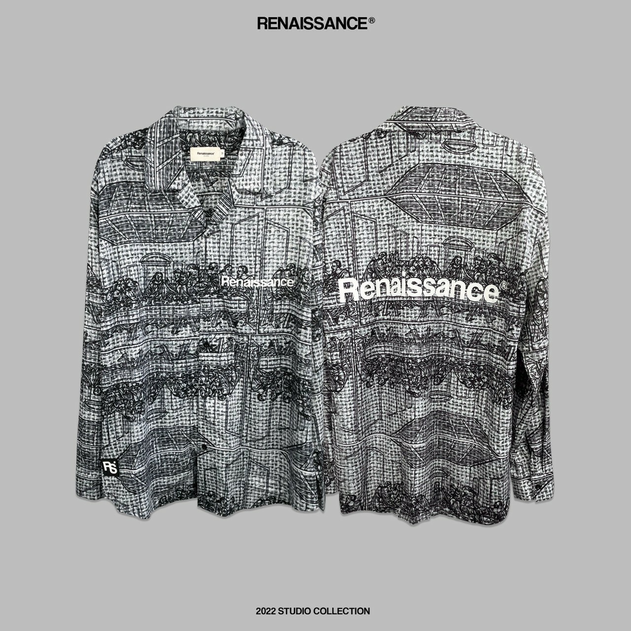 RENAISSANCE 小香風 編織印刷 最後的晚餐 寬鬆 古巴領長袖襯衫 “ Black & White Canvas L/S Shirt ”
