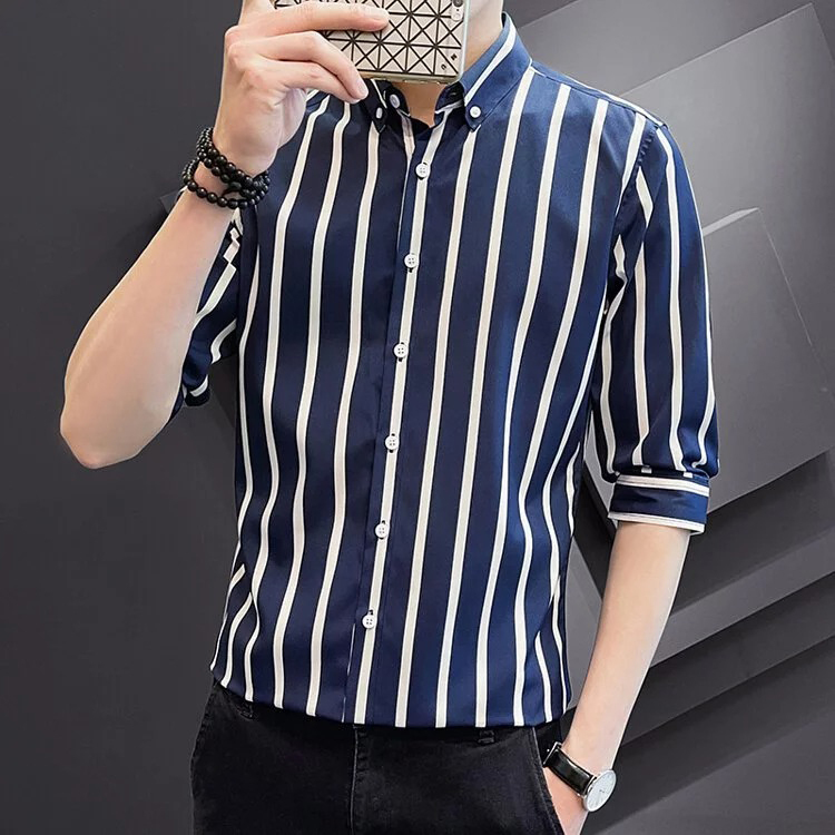 Korean Plus Size Men's Slim Three-quarter Sleeve Stripe