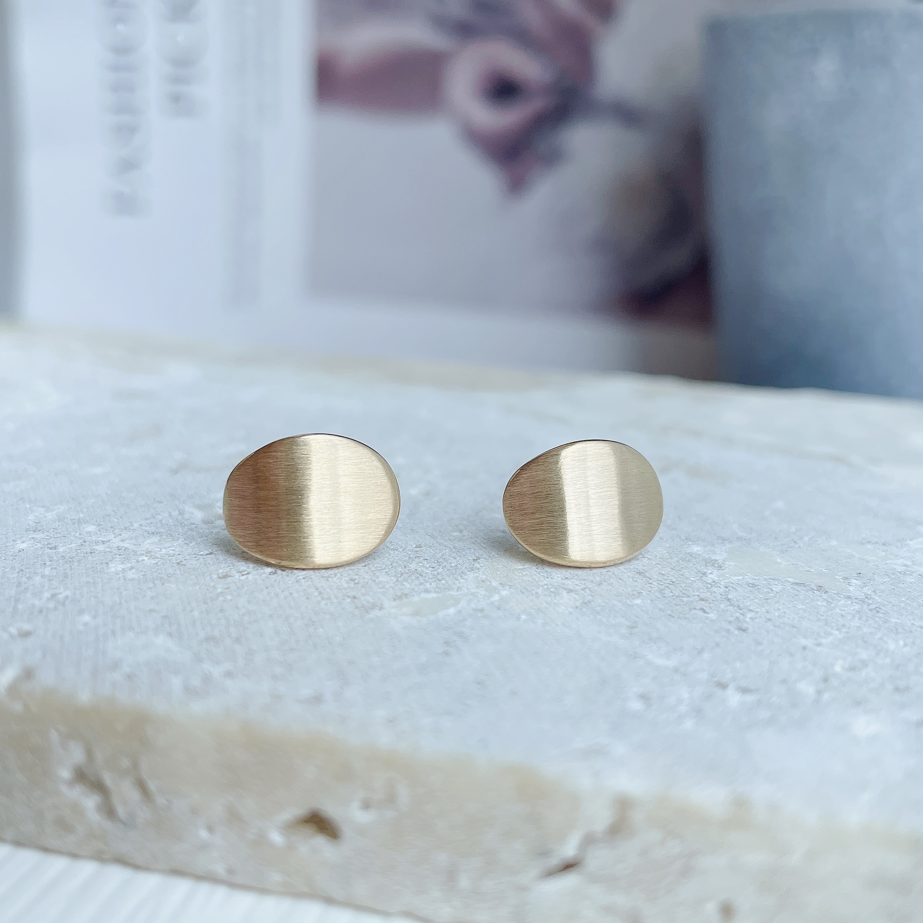 18K 3D硬金耳釘 - 磨砂橢圓