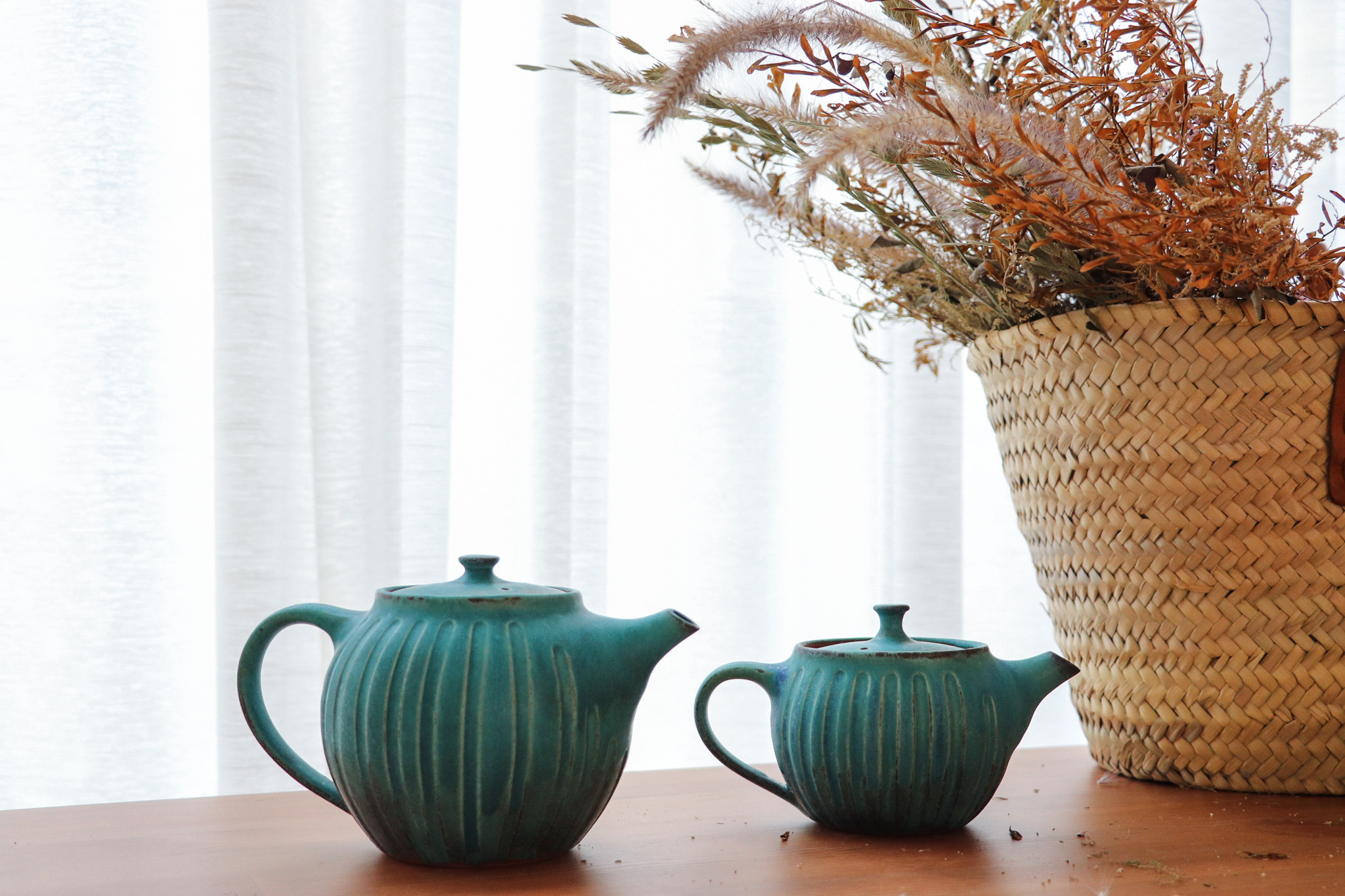 益子燒 若林健吾 綠松石青 刻紋 茶壺