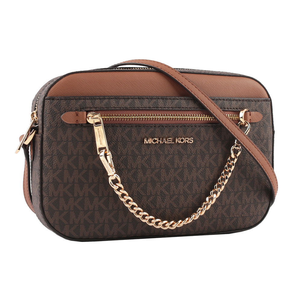 【Michael Kors】金字滿版塗層帆布附鏈帶前口袋方包(咖啡色)