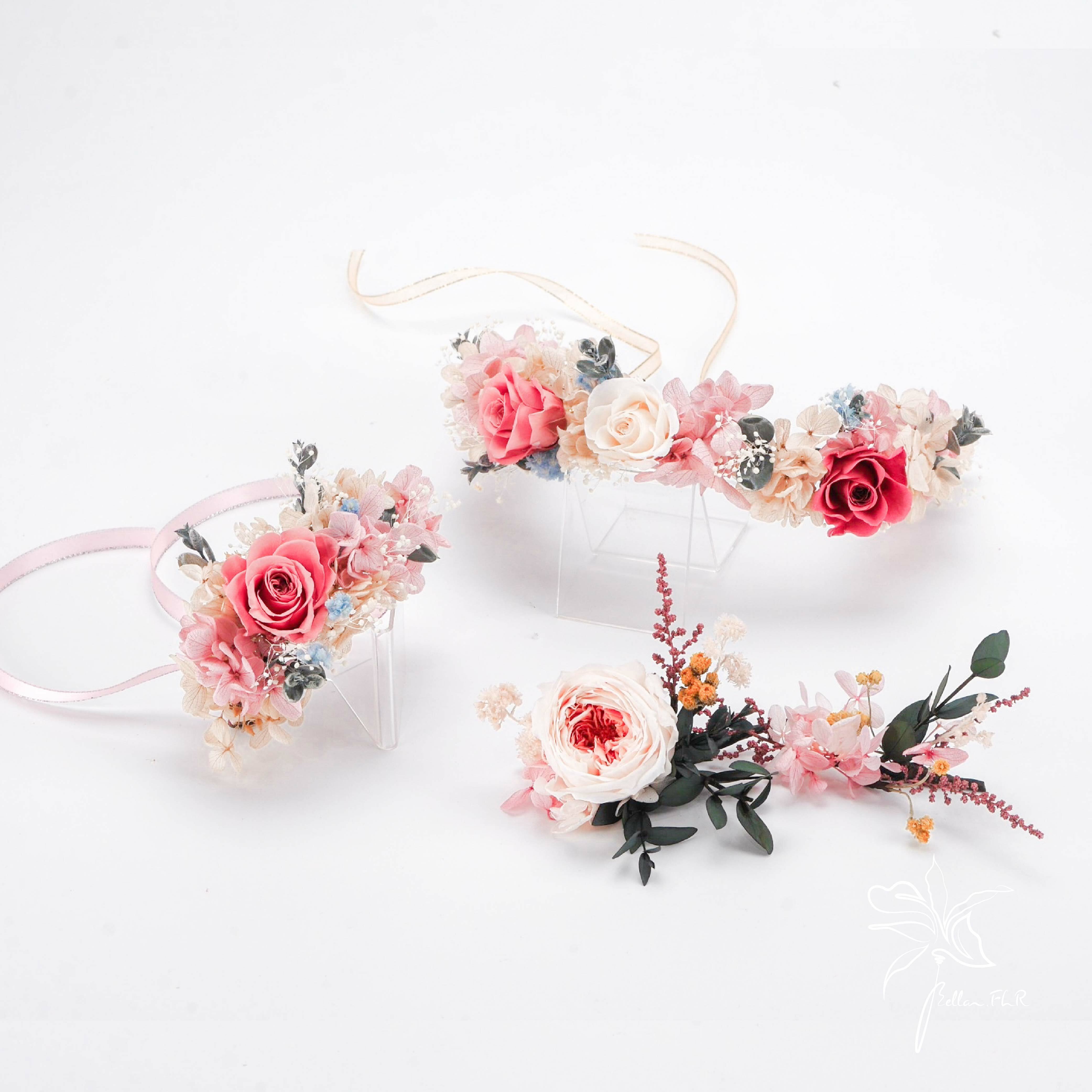 永生玫瑰手腕花+排花+花圈 3件組