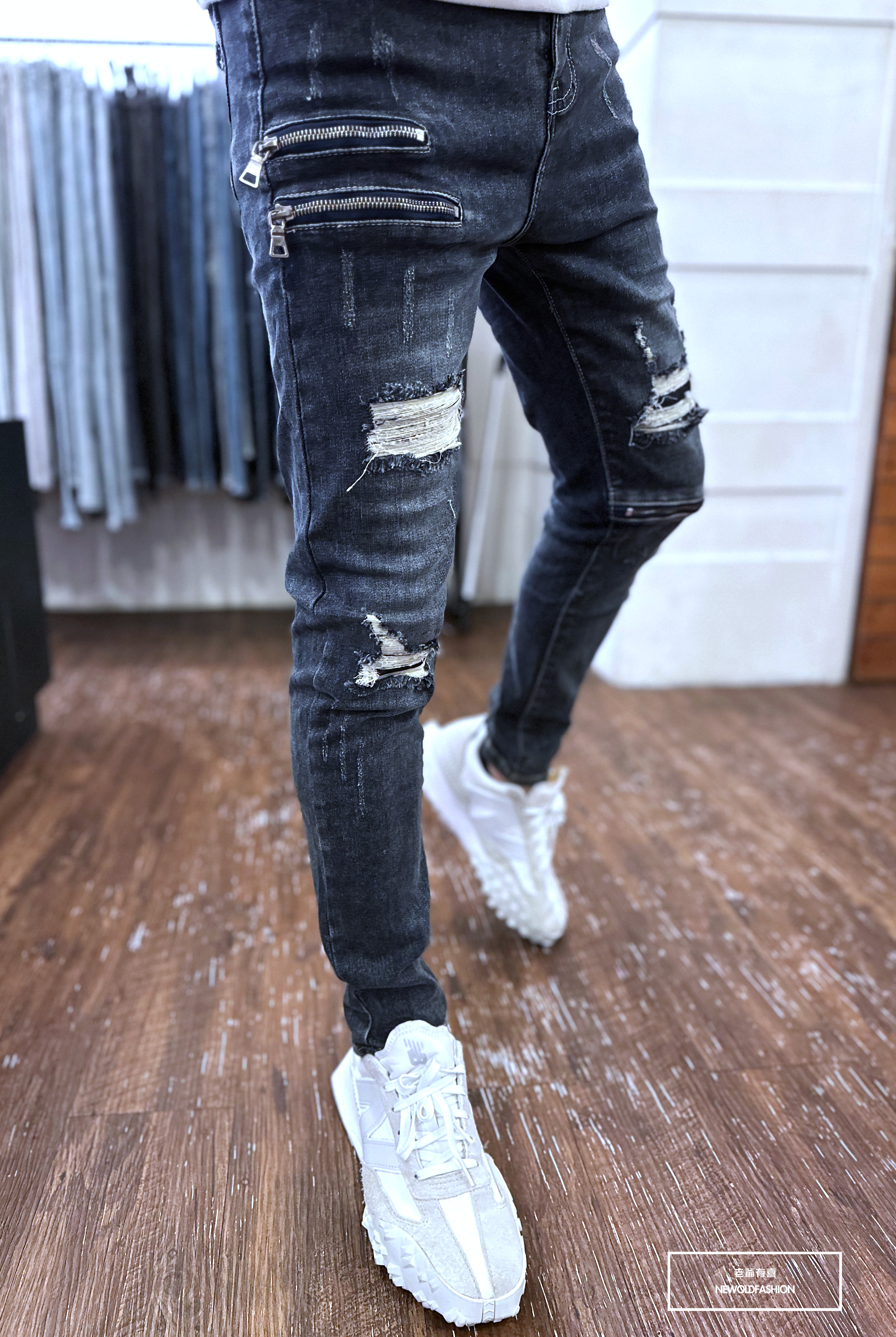 『新品上市』重磅雙槓多拉鍊破壞小直筒(NOF22093693)