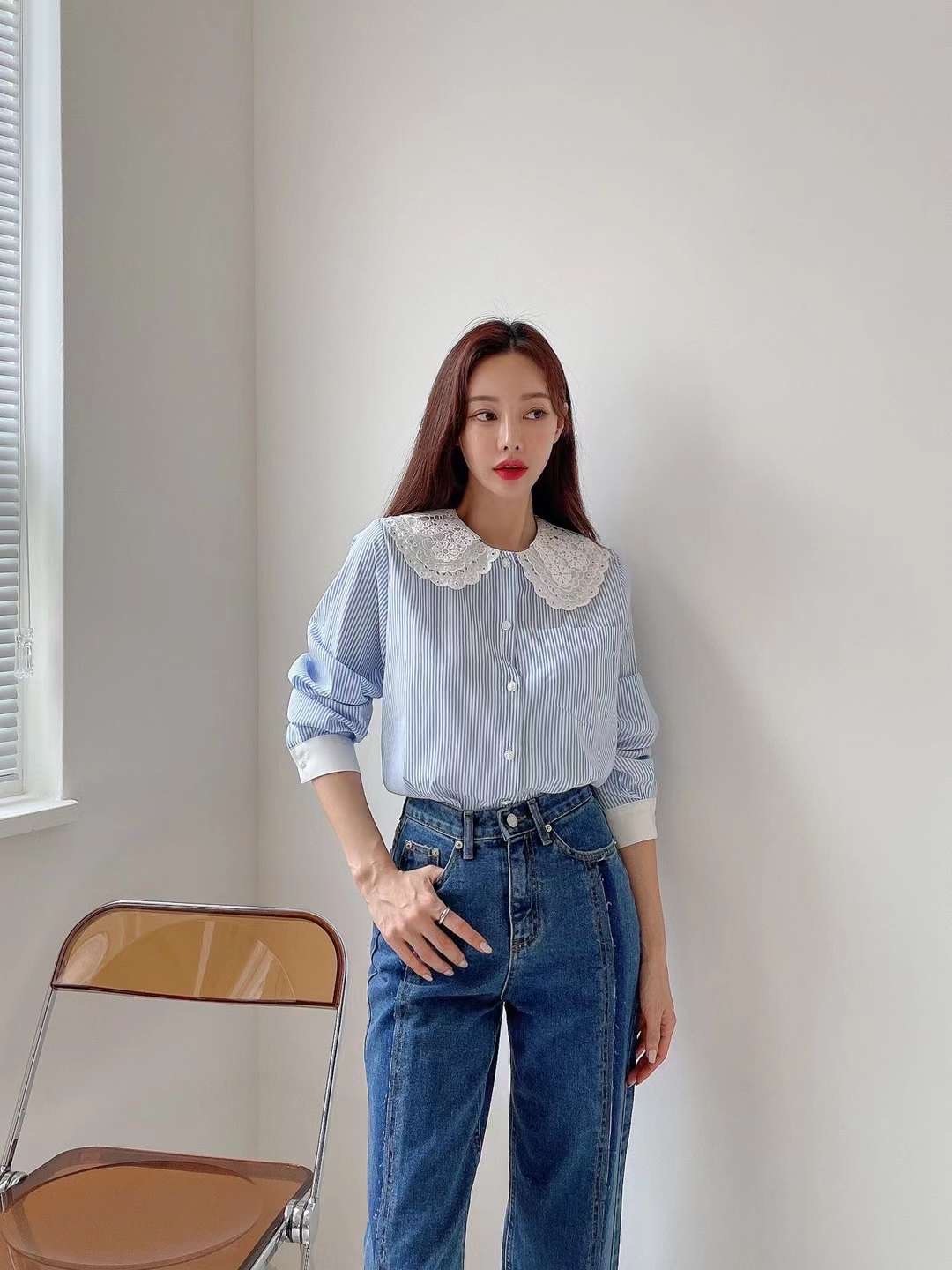 SEPT2355 花領直條恤衫