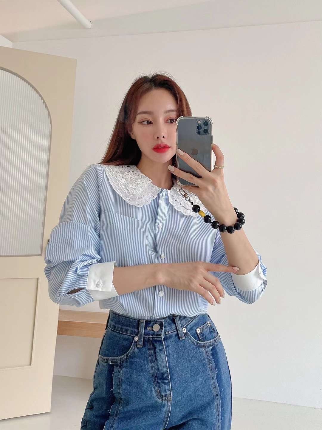 SEPT2355 花領直條恤衫