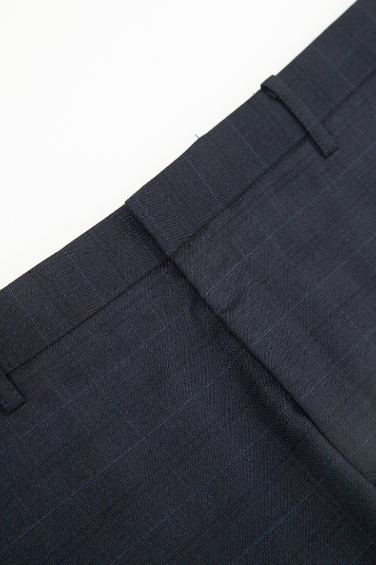 藍色格紋彈性修身西裝褲-褲頭