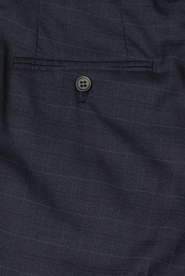 藍色格紋彈性修身西裝褲-後口袋