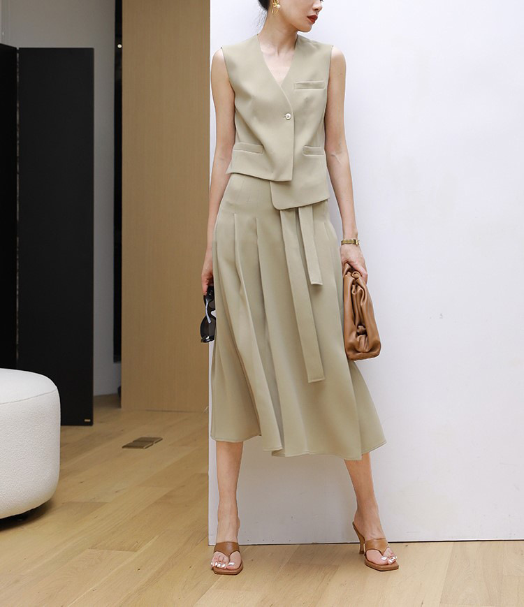 不對稱背心+高腰寬褶裙(黑/卡其)(可單買)