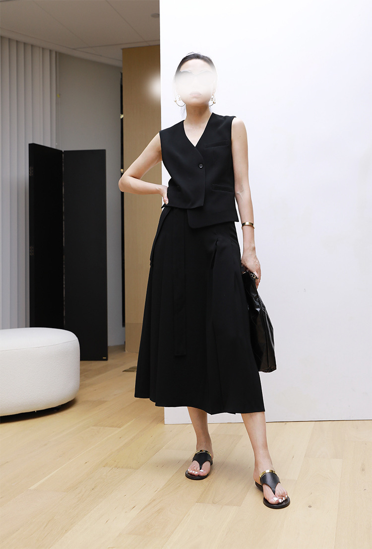 不對稱背心+高腰寬褶裙(黑/卡其)(可單買)