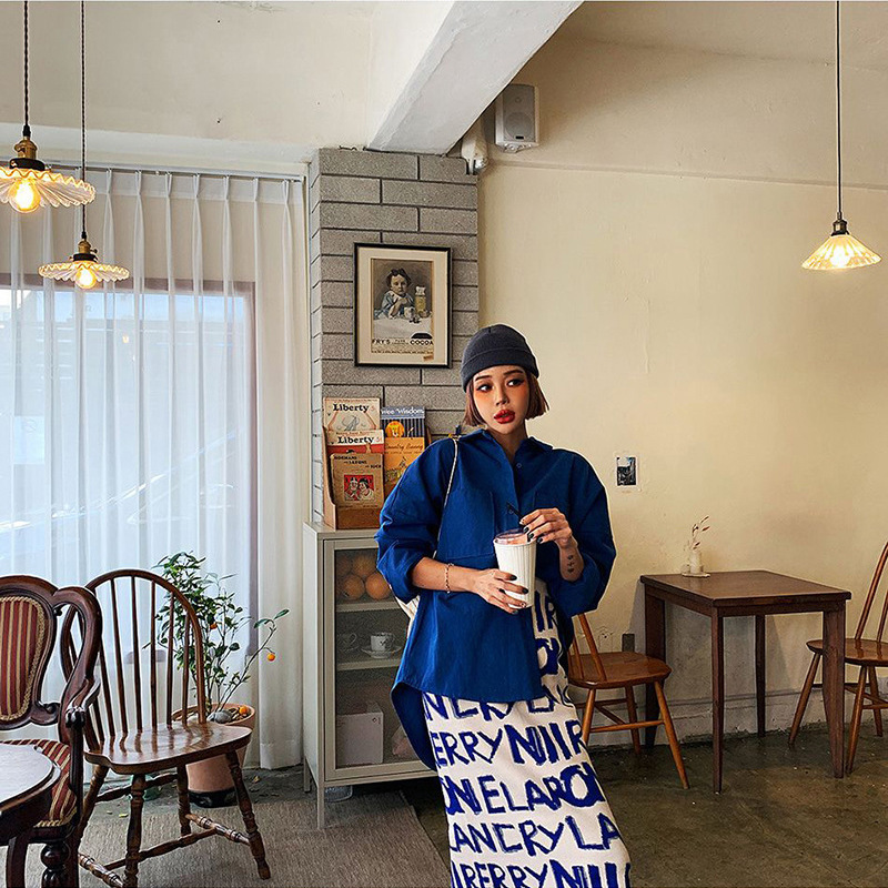 東大門秋冬寬版襯衫(寶藍/白)