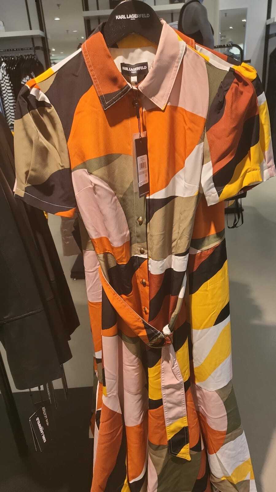 [S] KARL LAGERFELD ABSTRACT PRINT POINT COLLAR SHORT SLEEVE BELTED BUTTON,RUST MULTI, L2FB8998-RUST MULTI (SKL284)