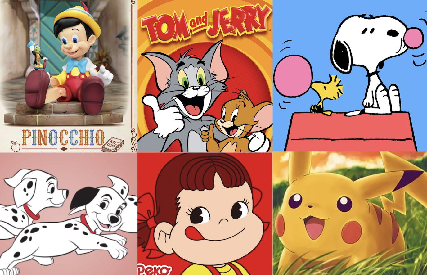 snoopy, 牛奶妹, 101斑點狗, 小木偶, 比卡超, tomandjerry
