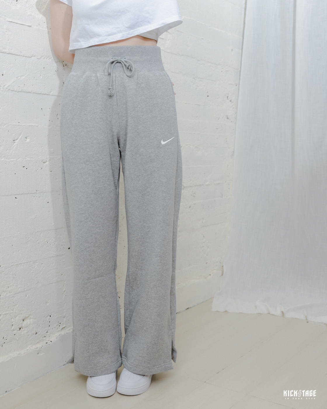 女款NIKE W NSW STYLE FLEECE HR WIDE PANTS 灰色小勾刺繡內刷毛抽繩